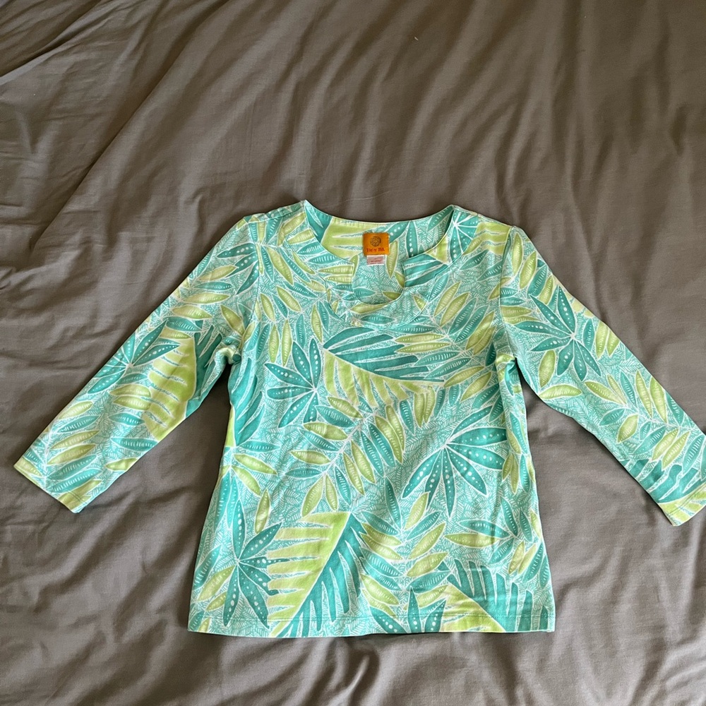 Ruby Rd Green and Yellow Botanical 3/4 Sleeve Top